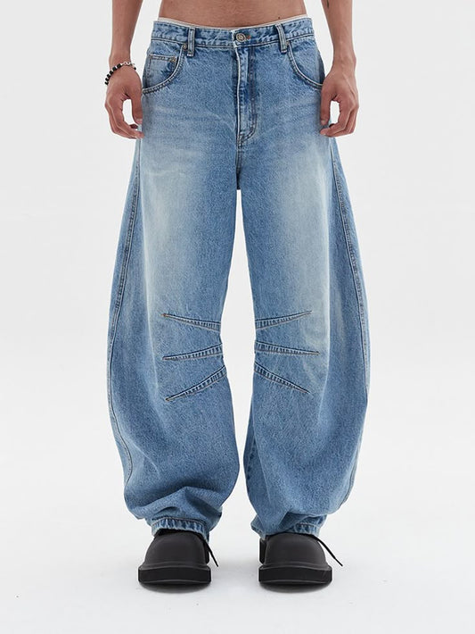 Multi Darted Balloon Denim Pants Blue